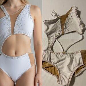 AA dance design costume solo white custom rhinestoned clover leotard XSA XS adul